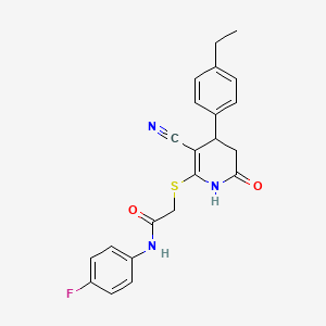 molecular formula C22H20FN3O2S B11622962 2-{[3-cyano-4-(4-ethylphenyl)-6-oxo-1,4,5,6-tetrahydropyridin-2-yl]sulfanyl}-N-(4-fluorophenyl)acetamide 