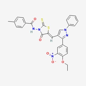 molecular formula C29H23N5O5S2 B11623149 N-((5Z)-5-{[3-(4-ethoxy-3-nitrophenyl)-1-phenyl-1H-pyrazol-4-yl]methylene}-4-oxo-2-thioxo-1,3-thiazolidin-3-yl)-4-methylbenzamide 