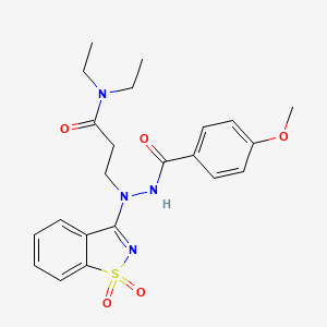 molecular formula C22H26N4O5S B11627017 3-{1-(1,1-dioxido-1,2-benzothiazol-3-yl)-2-[(4-methoxyphenyl)carbonyl]hydrazinyl}-N,N-diethylpropanamide 