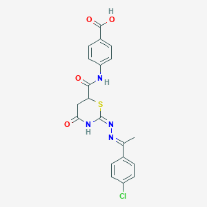 molecular formula C20H17ClN4O4S B11627096 4-({[(2E)-2-{(2E)-[1-(4-chlorophenyl)ethylidene]hydrazinylidene}-4-oxo-1,3-thiazinan-6-yl]carbonyl}amino)benzoic acid 