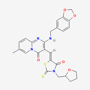 molecular formula C26H24N4O5S2 B11627306 2-[(1,3-benzodioxol-5-ylmethyl)amino]-7-methyl-3-{(Z)-[4-oxo-3-(tetrahydrofuran-2-ylmethyl)-2-thioxo-1,3-thiazolidin-5-ylidene]methyl}-4H-pyrido[1,2-a]pyrimidin-4-one 