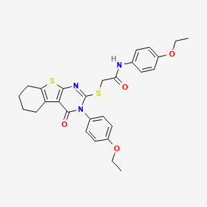 molecular formula C28H29N3O4S2 B11627916 N-(4-ethoxyphenyl)-2-{[3-(4-ethoxyphenyl)-4-oxo-3,4,5,6,7,8-hexahydro[1]benzothieno[2,3-d]pyrimidin-2-yl]sulfanyl}acetamide 