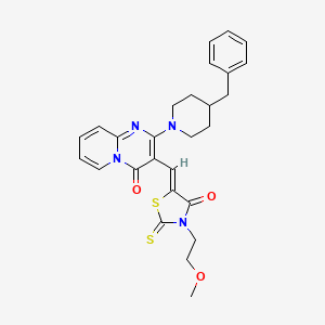 molecular formula C27H28N4O3S2 B11627978 2-(4-Benzyl-1-piperidinyl)-3-{(Z)-[3-(2-methoxyethyl)-4-oxo-2-thioxo-1,3-thiazolidin-5-ylidene]methyl}-4H-pyrido[1,2-A]pyrimidin-4-one 