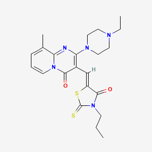 molecular formula C22H27N5O2S2 B11628481 2-(4-Ethyl-1-piperazinyl)-9-methyl-3-[(Z)-(4-oxo-3-propyl-2-thioxo-1,3-thiazolidin-5-ylidene)methyl]-4H-pyrido[1,2-A]pyrimidin-4-one 