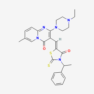 molecular formula C27H29N5O2S2 B11628515 2-(4-ethylpiperazin-1-yl)-7-methyl-3-{(Z)-[4-oxo-3-(1-phenylethyl)-2-thioxo-1,3-thiazolidin-5-ylidene]methyl}-4H-pyrido[1,2-a]pyrimidin-4-one 