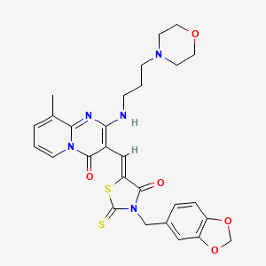 molecular formula C28H29N5O5S2 B11628547 3-{(Z)-[3-(1,3-benzodioxol-5-ylmethyl)-4-oxo-2-thioxo-1,3-thiazolidin-5-ylidene]methyl}-9-methyl-2-{[3-(4-morpholinyl)propyl]amino}-4H-pyrido[1,2-a]pyrimidin-4-one 