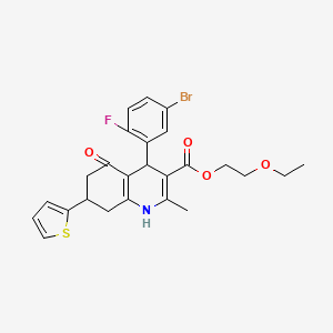 molecular formula C25H25BrFNO4S B11628596 2-Ethoxyethyl 4-(5-bromo-2-fluorophenyl)-2-methyl-5-oxo-7-(thiophen-2-yl)-1,4,5,6,7,8-hexahydroquinoline-3-carboxylate 