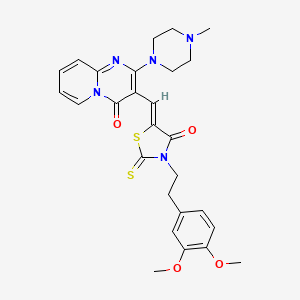 molecular formula C27H29N5O4S2 B11628666 3-((Z)-{3-[2-(3,4-Dimethoxyphenyl)ethyl]-4-oxo-2-thioxo-1,3-thiazolidin-5-ylidene}methyl)-2-(4-methyl-1-piperazinyl)-4H-pyrido[1,2-A]pyrimidin-4-one 