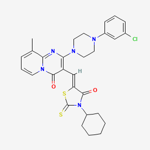 molecular formula C29H30ClN5O2S2 B11628724 2-[4-(3-chlorophenyl)piperazin-1-yl]-3-[(Z)-(3-cyclohexyl-4-oxo-2-thioxo-1,3-thiazolidin-5-ylidene)methyl]-9-methyl-4H-pyrido[1,2-a]pyrimidin-4-one 