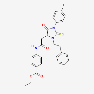 molecular formula C28H26FN3O4S B11628843 Ethyl 4-({[1-(4-fluorophenyl)-5-oxo-3-(2-phenylethyl)-2-thioxoimidazolidin-4-yl]acetyl}amino)benzoate 