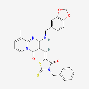 molecular formula C28H22N4O4S2 B11629267 2-[(1,3-benzodioxol-5-ylmethyl)amino]-3-[(Z)-(3-benzyl-4-oxo-2-thioxo-1,3-thiazolidin-5-ylidene)methyl]-9-methyl-4H-pyrido[1,2-a]pyrimidin-4-one 