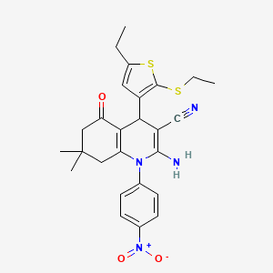 molecular formula C26H28N4O3S2 B11629295 2-Amino-4-[5-ethyl-2-(ethylsulfanyl)-3-thienyl]-7,7-dimethyl-1-(4-nitrophenyl)-5-oxo-1,4,5,6,7,8-hexahydro-3-quinolinecarbonitrile 