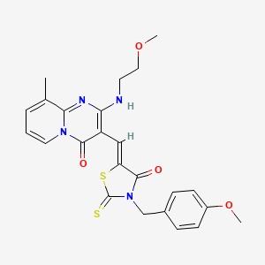 molecular formula C24H24N4O4S2 B11629541 3-{(Z)-[3-(4-methoxybenzyl)-4-oxo-2-thioxo-1,3-thiazolidin-5-ylidene]methyl}-2-[(2-methoxyethyl)amino]-9-methyl-4H-pyrido[1,2-a]pyrimidin-4-one CAS No. 500275-29-6