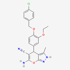 molecular formula C23H21ClN4O3 B11629762 6-Amino-4-{4-[(4-chlorobenzyl)oxy]-3-ethoxyphenyl}-3-methyl-1,4-dihydropyrano[2,3-c]pyrazole-5-carbonitrile 