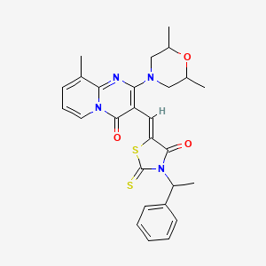 molecular formula C27H28N4O3S2 B11630185 2-(2,6-dimethylmorpholin-4-yl)-9-methyl-3-{(Z)-[4-oxo-3-(1-phenylethyl)-2-thioxo-1,3-thiazolidin-5-ylidene]methyl}-4H-pyrido[1,2-a]pyrimidin-4-one 