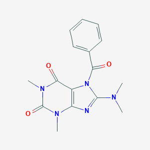 molecular formula C16H17N5O3 B116310 7-Benzoyl-8-(dimethylamino)-1,3-dimethylpurine-2,6-dione CAS No. 148122-87-6