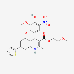 2-Methoxyethyl 4-(4-hydroxy-3-methoxy-5-nitrophenyl)-2-methyl-5-oxo-7-(thiophen-2-yl)-1,4,5,6,7,8-hexahydroquinoline-3-carboxylate