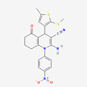 molecular formula C22H20N4O3S2 B11631299 2-Amino-4-[5-methyl-2-(methylsulfanyl)-3-thienyl]-1-(4-nitrophenyl)-5-oxo-1,4,5,6,7,8-hexahydro-3-quinolinecarbonitrile 