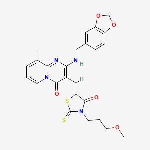 molecular formula C25H24N4O5S2 B11631457 2-[(1,3-benzodioxol-5-ylmethyl)amino]-3-{(Z)-[3-(3-methoxypropyl)-4-oxo-2-thioxo-1,3-thiazolidin-5-ylidene]methyl}-9-methyl-4H-pyrido[1,2-a]pyrimidin-4-one 