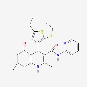 molecular formula C26H31N3O2S2 B11631789 4-(5-Ethyl-2-(ethylthio)thiophen-3-yl)-2,7,7-trimethyl-5-oxo-N-(pyridin-2-yl)-1,4,5,6,7,8-hexahydroquinoline-3-carboxamide CAS No. 441783-85-3