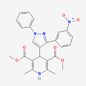 molecular formula C26H24N4O6 B11631817 Dimethyl 2,6-dimethyl-4-[3-(3-nitrophenyl)-1-phenyl-1H-pyrazol-4-YL]-1,4-dihydro-3,5-pyridinedicarboxylate 