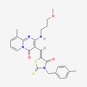 molecular formula C25H26N4O3S2 B11632317 2-[(3-methoxypropyl)amino]-9-methyl-3-{(Z)-[3-(4-methylbenzyl)-4-oxo-2-thioxo-1,3-thiazolidin-5-ylidene]methyl}-4H-pyrido[1,2-a]pyrimidin-4-one 