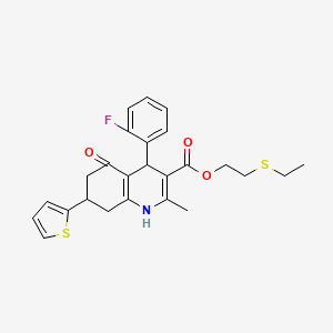 molecular formula C25H26FNO3S2 B11633220 2-(Ethylsulfanyl)ethyl 4-(2-fluorophenyl)-2-methyl-5-oxo-7-(thiophen-2-yl)-1,4,5,6,7,8-hexahydroquinoline-3-carboxylate 