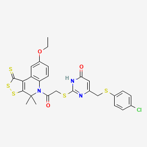 2-[(4-{[(4-chlorophenyl)sulfanyl]methyl}-6-hydroxypyrimidin-2-yl)sulfanyl]-1-(8-ethoxy-4,4-dimethyl-1-thioxo-1,4-dihydro-5H-[1,2]dithiolo[3,4-c]quinolin-5-yl)ethanone