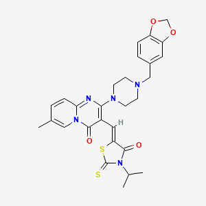 molecular formula C28H29N5O4S2 B11633938 2-[4-(1,3-benzodioxol-5-ylmethyl)piperazin-1-yl]-7-methyl-3-{(Z)-[4-oxo-3-(propan-2-yl)-2-thioxo-1,3-thiazolidin-5-ylidene]methyl}-4H-pyrido[1,2-a]pyrimidin-4-one 