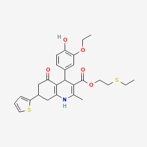 2-(Ethylsulfanyl)ethyl 4-(3-ethoxy-4-hydroxyphenyl)-2-methyl-5-oxo-7-(thiophen-2-yl)-1,4,5,6,7,8-hexahydroquinoline-3-carboxylate