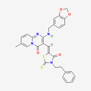 2-[(1,3-benzodioxol-5-ylmethyl)amino]-7-methyl-3-{(Z)-[4-oxo-3-(2-phenylethyl)-2-thioxo-1,3-thiazolidin-5-ylidene]methyl}-4H-pyrido[1,2-a]pyrimidin-4-one