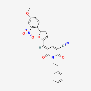 molecular formula C27H21N3O6 B11636281 (5E)-5-{[5-(4-methoxy-2-nitrophenyl)furan-2-yl]methylidene}-4-methyl-2,6-dioxo-1-(2-phenylethyl)-1,2,5,6-tetrahydropyridine-3-carbonitrile 