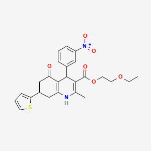 molecular formula C25H26N2O6S B11638286 2-Ethoxyethyl 2-methyl-4-(3-nitrophenyl)-5-oxo-7-(thiophen-2-yl)-1,4,5,6,7,8-hexahydroquinoline-3-carboxylate 