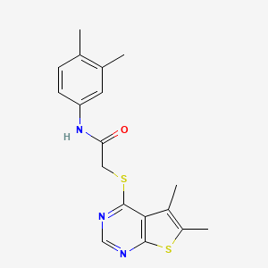 molecular formula C18H19N3OS2 B11638437 N-(3,4-dimethylphenyl)-2-({5,6-dimethylthieno[2,3-d]pyrimidin-4-yl}sulfanyl)acetamide 