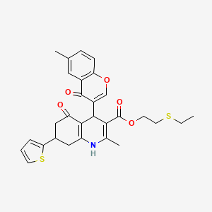 molecular formula C29H29NO5S2 B11638688 2-(ethylsulfanyl)ethyl 2-methyl-4-(6-methyl-4-oxo-4H-chromen-3-yl)-5-oxo-7-(thiophen-2-yl)-1,4,5,6,7,8-hexahydroquinoline-3-carboxylate 