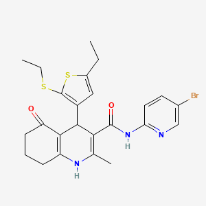 molecular formula C24H26BrN3O2S2 B11638941 N-(5-Bromopyridin-2-yl)-4-(5-ethyl-2-(ethylthio)thiophen-3-yl)-2-methyl-5-oxo-1,4,5,6,7,8-hexahydroquinoline-3-carboxamide CAS No. 441783-93-3