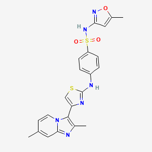 molecular formula C22H20N6O3S2 B11638953 4-{[4-(2,7-dimethylimidazo[1,2-a]pyridin-3-yl)-1,3-thiazol-2-yl]amino}-N-(5-methyl-1,2-oxazol-3-yl)benzenesulfonamide 