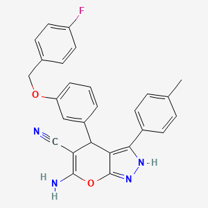 molecular formula C27H21FN4O2 B11639052 6-Amino-4-{3-[(4-fluorobenzyl)oxy]phenyl}-3-(4-methylphenyl)-1,4-dihydropyrano[2,3-c]pyrazole-5-carbonitrile 