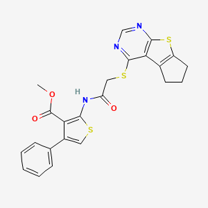 molecular formula C23H19N3O3S3 B11639070 Methyl 2-{[2-(6,7-dihydro-5H-cyclopenta[4,5]thieno[2,3-D]pyrimidin-4-ylsulfanyl)acetyl]amino}-4-phenyl-3-thiophenecarboxylate 