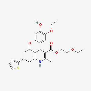 2-Ethoxyethyl 4-(3-ethoxy-4-hydroxyphenyl)-2-methyl-5-oxo-7-(thiophen-2-yl)-1,4,5,6,7,8-hexahydroquinoline-3-carboxylate