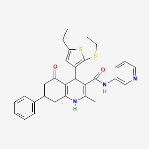 molecular formula C30H31N3O2S2 B11639452 4-(5-Ethyl-2-(ethylthio)thiophen-3-yl)-2-methyl-5-oxo-7-phenyl-N-(pyridin-3-yl)-1,4,5,6,7,8-hexahydroquinoline-3-carboxamide CAS No. 476483-16-6