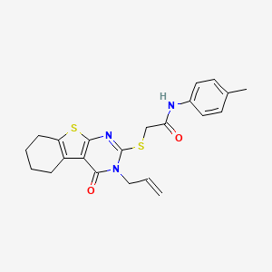 molecular formula C22H23N3O2S2 B11639682 N-(4-methylphenyl)-2-{[4-oxo-3-(prop-2-en-1-yl)-3,4,5,6,7,8-hexahydro[1]benzothieno[2,3-d]pyrimidin-2-yl]sulfanyl}acetamide 