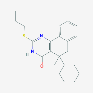 molecular formula C22H28N2OS B11639717 5-cyclohexyl-5-methyl-2-(propylsulfanyl)-5,6-dihydrobenzo[h]quinazolin-4(3H)-one 