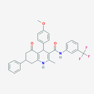 molecular formula C31H27F3N2O3 B11640020 4-(4-Methoxyphenyl)-2-methyl-5-oxo-7-phenyl-N-[3-(trifluoromethyl)phenyl]-1,4,5,6,7,8-hexahydro-3-quinolinecarboxamide 