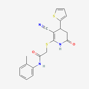 molecular formula C19H17N3O2S2 B11640029 2-{[3-cyano-6-oxo-4-(thiophen-2-yl)-1,4,5,6-tetrahydropyridin-2-yl]sulfanyl}-N-(2-methylphenyl)acetamide 