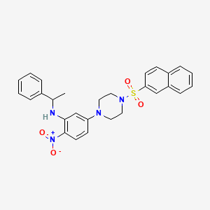 molecular formula C28H28N4O4S B11640439 5-[4-(naphthalen-2-ylsulfonyl)piperazin-1-yl]-2-nitro-N-(1-phenylethyl)aniline 