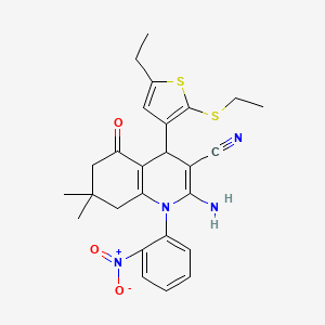 molecular formula C26H28N4O3S2 B11640617 2-Amino-4-[5-ethyl-2-(ethylsulfanyl)-3-thienyl]-7,7-dimethyl-1-(2-nitrophenyl)-5-oxo-1,4,5,6,7,8-hexahydro-3-quinolinecarbonitrile 