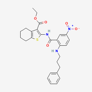 molecular formula C27H29N3O5S B11640936 Ethyl 2-[({5-nitro-2-[(3-phenylpropyl)amino]phenyl}carbonyl)amino]-4,5,6,7-tetrahydro-1-benzothiophene-3-carboxylate 