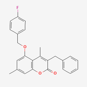 molecular formula C25H21FO3 B11641145 3-benzyl-5-[(4-fluorobenzyl)oxy]-4,7-dimethyl-2H-chromen-2-one 