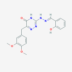 molecular formula C19H19N5O4 B11641149 6-(3,4-dimethoxybenzyl)-3-[(2E)-2-(2-hydroxybenzylidene)hydrazinyl]-1,2,4-triazin-5(2H)-one 